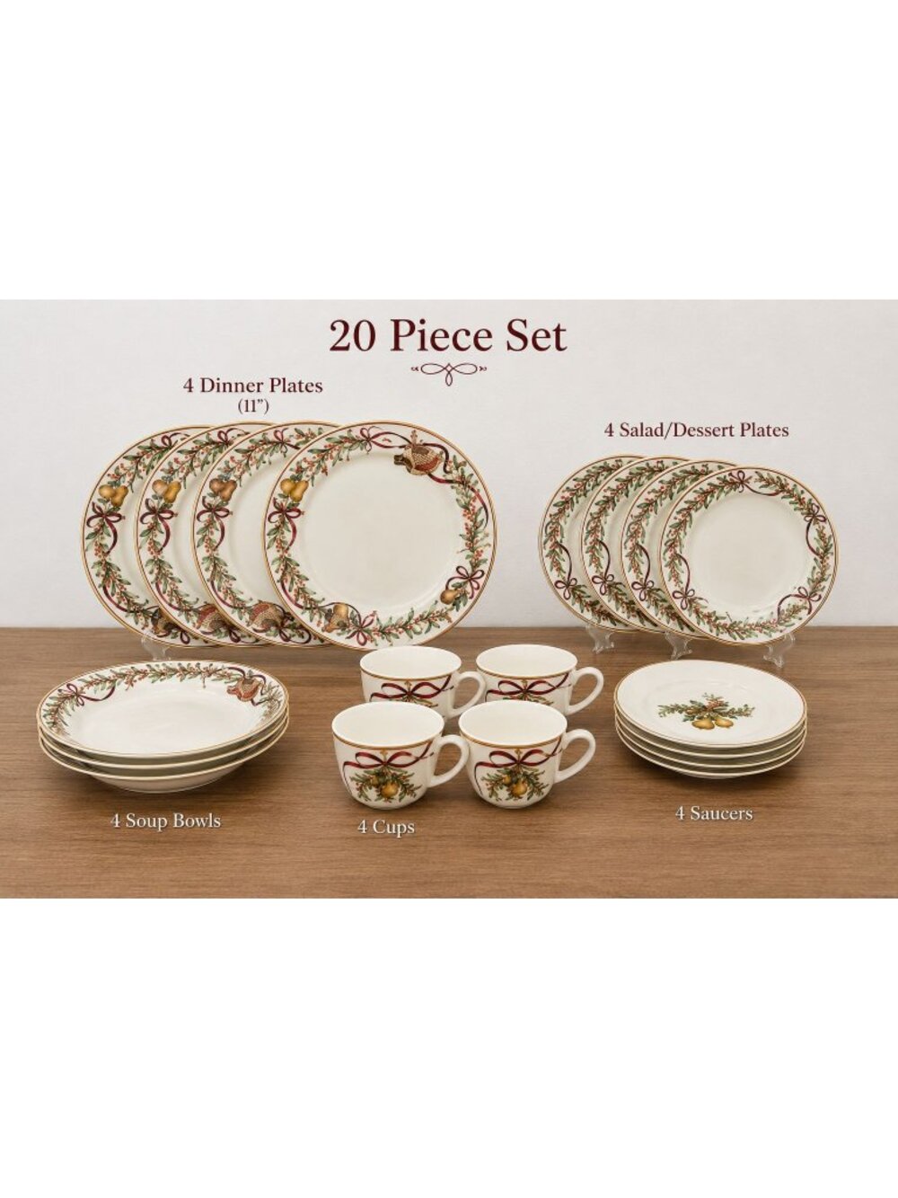Queensbury Holiday Dishes 4 Place Settings Pear Holly Ribbon FPD Royal Gallery